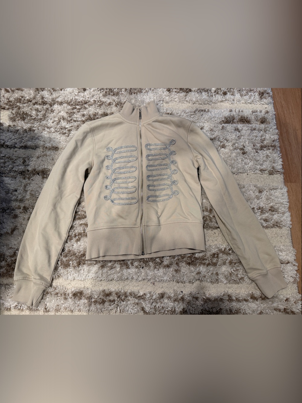 Zara Beige Bomber Jacket with Embroidered Silver Detail